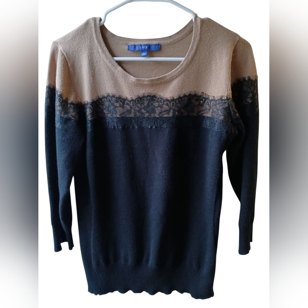 APT 9 Tan‎ and Black Lace Sweater Top Women’s Large Elegant Knit Blouse